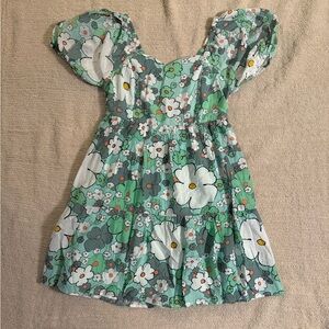 JODIFL Floral Puff Sleeve Dress in Green and White